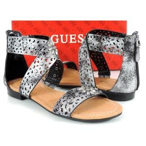 Guess Achi Perforated Crisscross Flat Sandals Back Zip Silver Multi Size 7.5